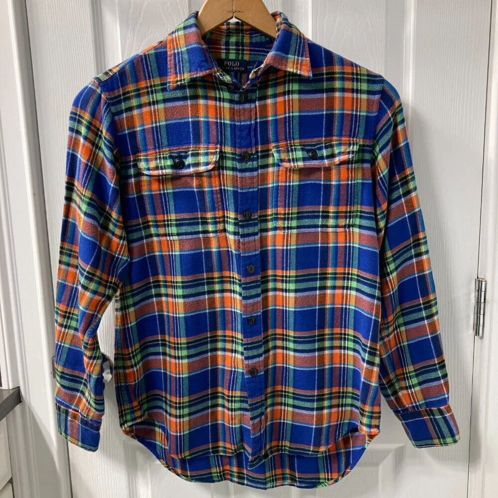 Polo Ralph Lauren Blue Orange Green Plaid Flannel Work Shirt Size S/P